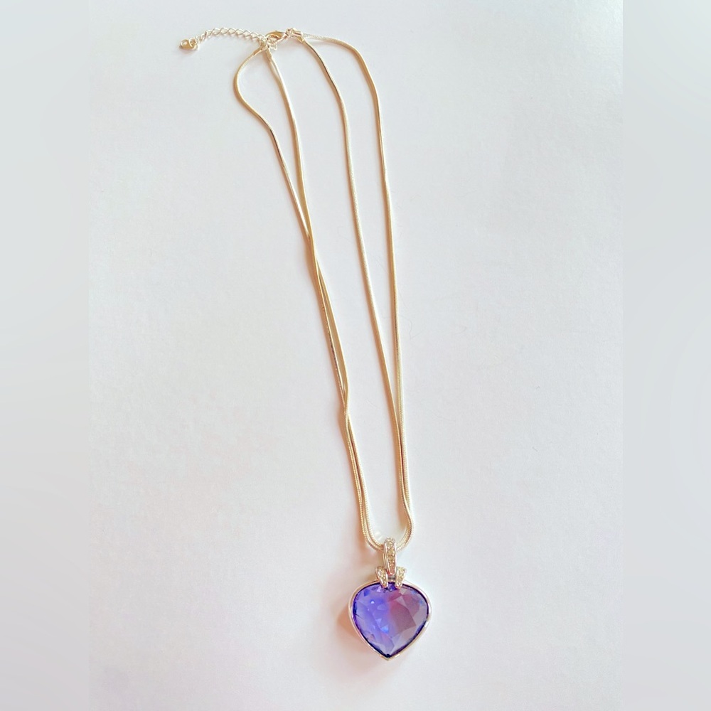 VTG Heart Amethyst Pendant necklace Purple Crystal double Strand silver tone 16"